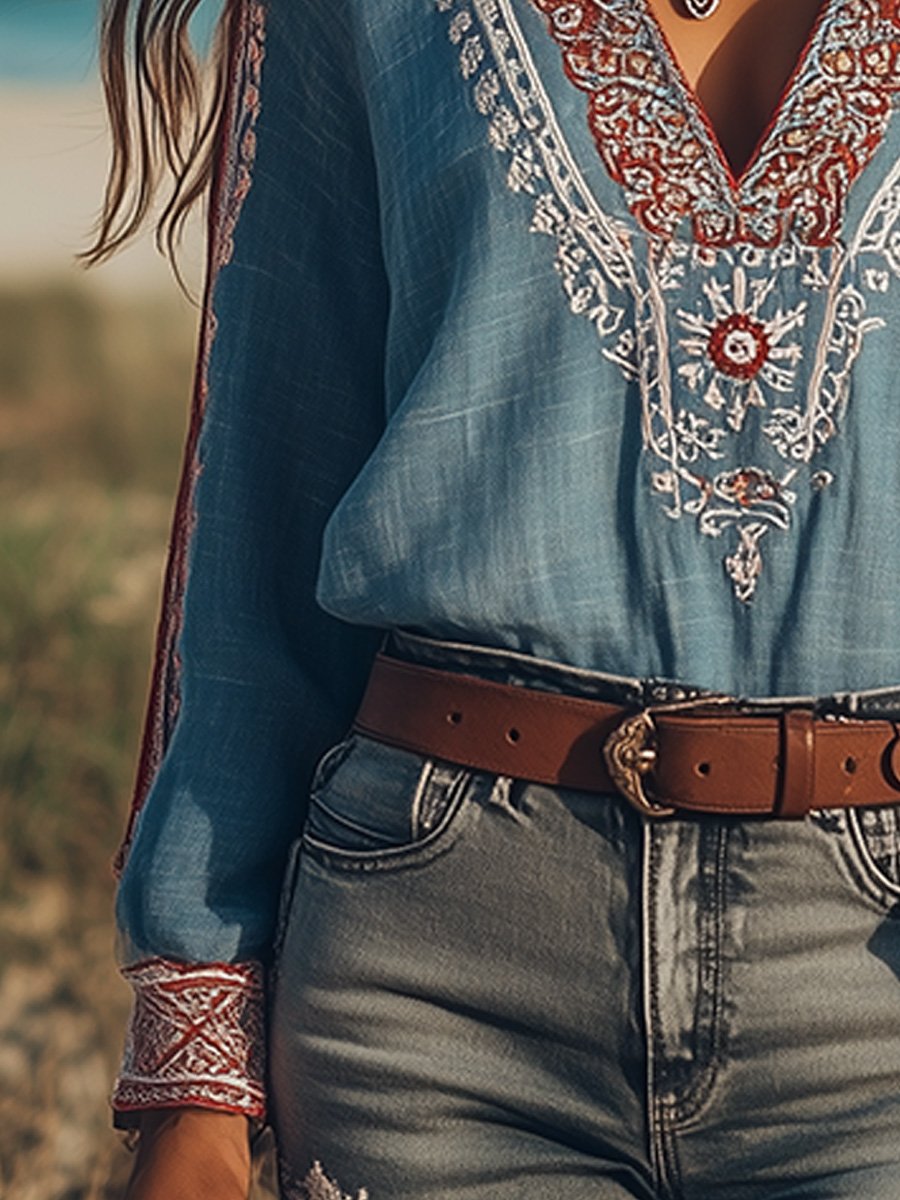"Bohemian blouse met geborduurde details, V-hals, katoen-linnen stof, elegante zomerlook voor dames"