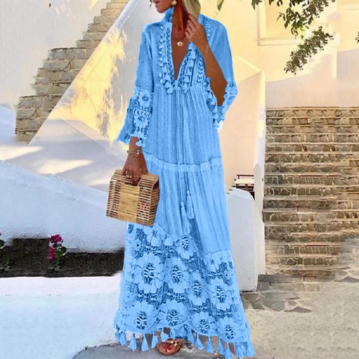 "Bohemian kanten maxi-jurk, luchtig wit kant, lange jurk, zomermode, verfijnde elegante stijl, ademend en veelzijdig"