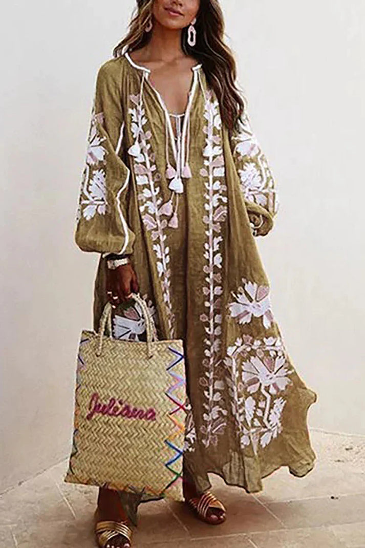 "Boho maxi jurk met bloemmotieven, luchtige pasvorm, zomerstijl, wijde mouwen, vrouwelijk en comfortabel, elegante bloemenpri