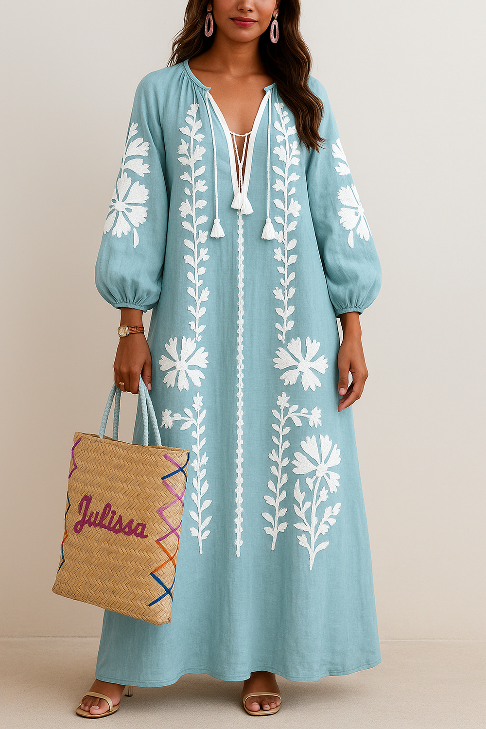 "Boho maxi jurk met bloemmotieven, luchtige pasvorm, zomerstijl, wijde mouwen, vrouwelijk en comfortabel, elegante bloemenpri