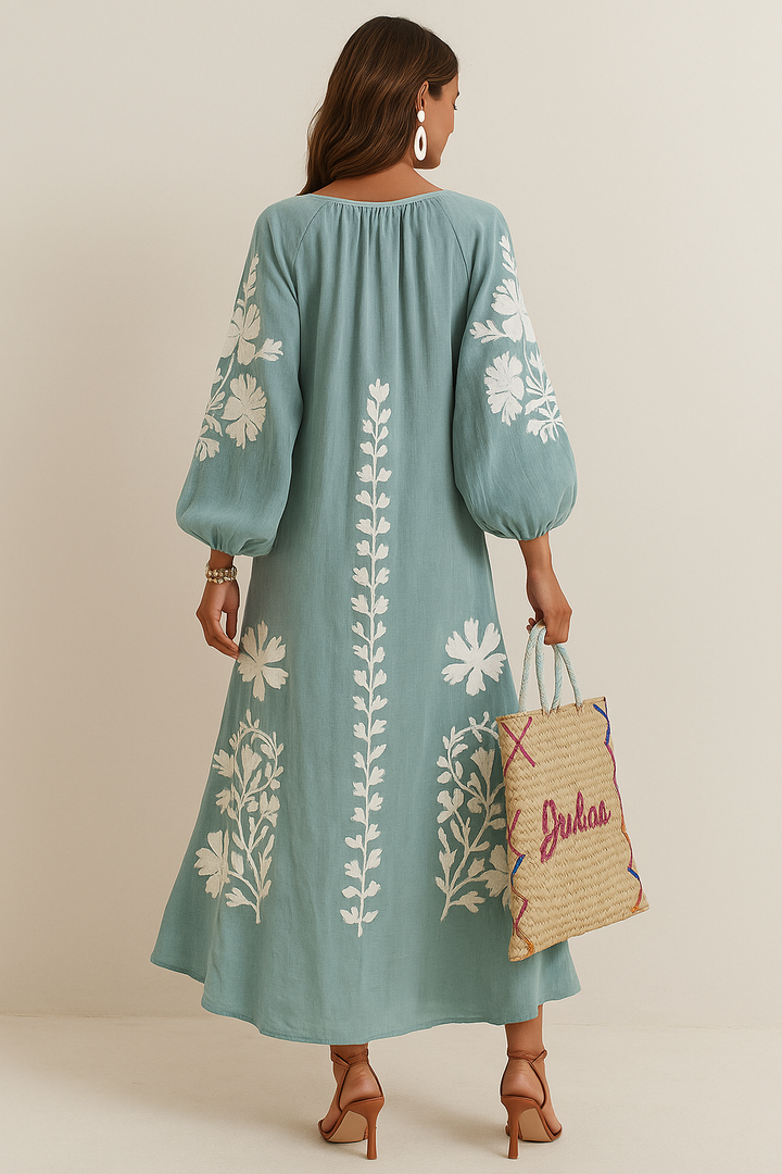 "Boho maxi jurk met bloemmotieven, luchtige pasvorm, zomerstijl, wijde mouwen, vrouwelijk en comfortabel, elegante bloemenpri