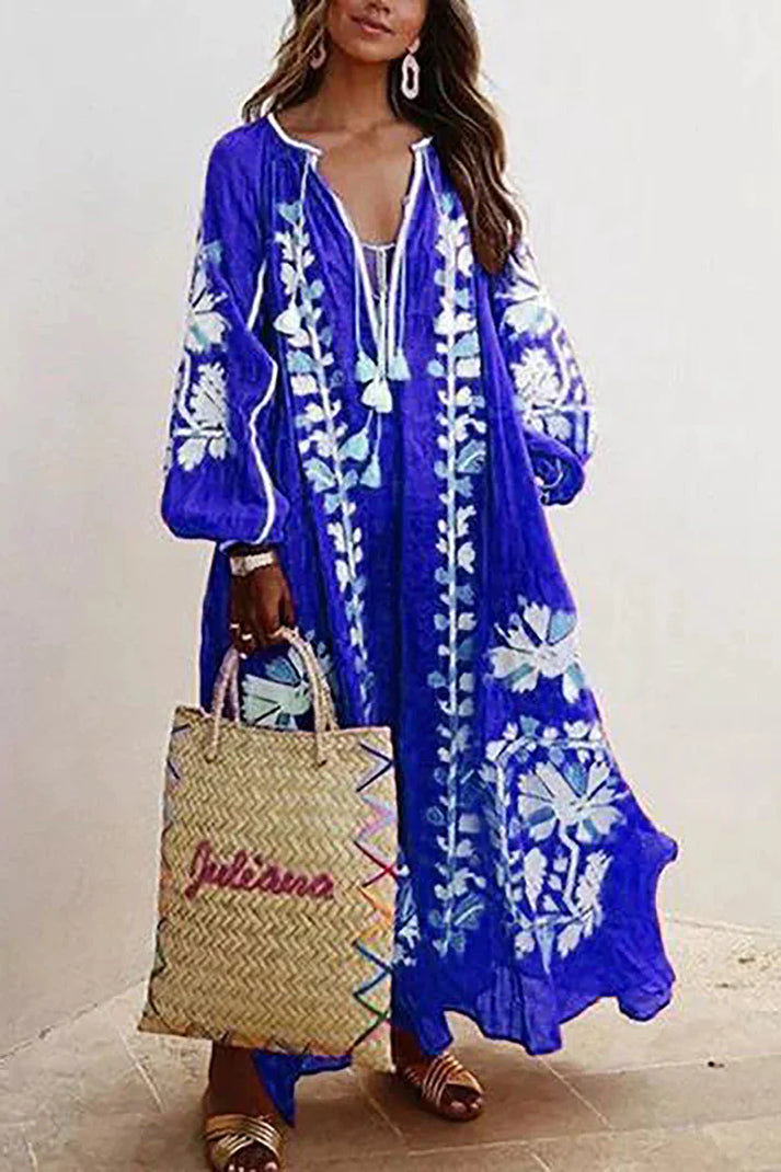 "Boho maxi jurk met bloemmotieven, luchtige pasvorm, zomerstijl, wijde mouwen, vrouwelijk en comfortabel, elegante bloemenpri