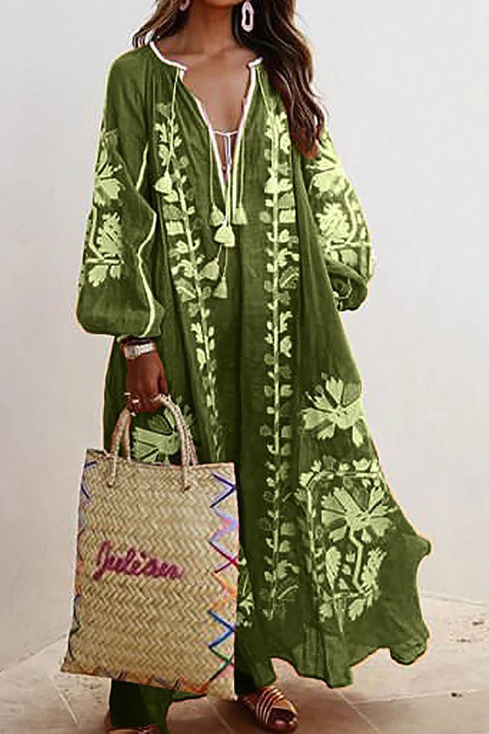 "Boho maxi jurk met bloemmotieven, luchtige pasvorm, zomerstijl, wijde mouwen, vrouwelijk en comfortabel, elegante bloemenpri