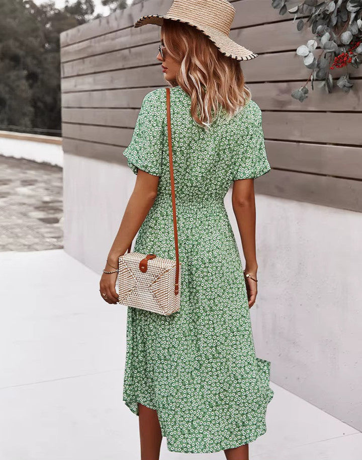 "Boho maxi-jurk met kleurrijke bloemenprint, luchtige stof, perfecte zomerkeuze voor zonnige dagen, bohemian stijl."
