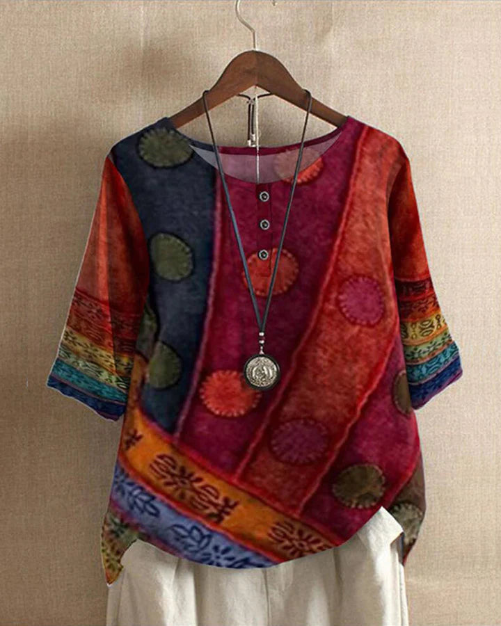 "Boho top dames met wijnoogstprint, comfortabele losvallende pasvorm, ideaal voor elegante en alledaagse gelegenheden."