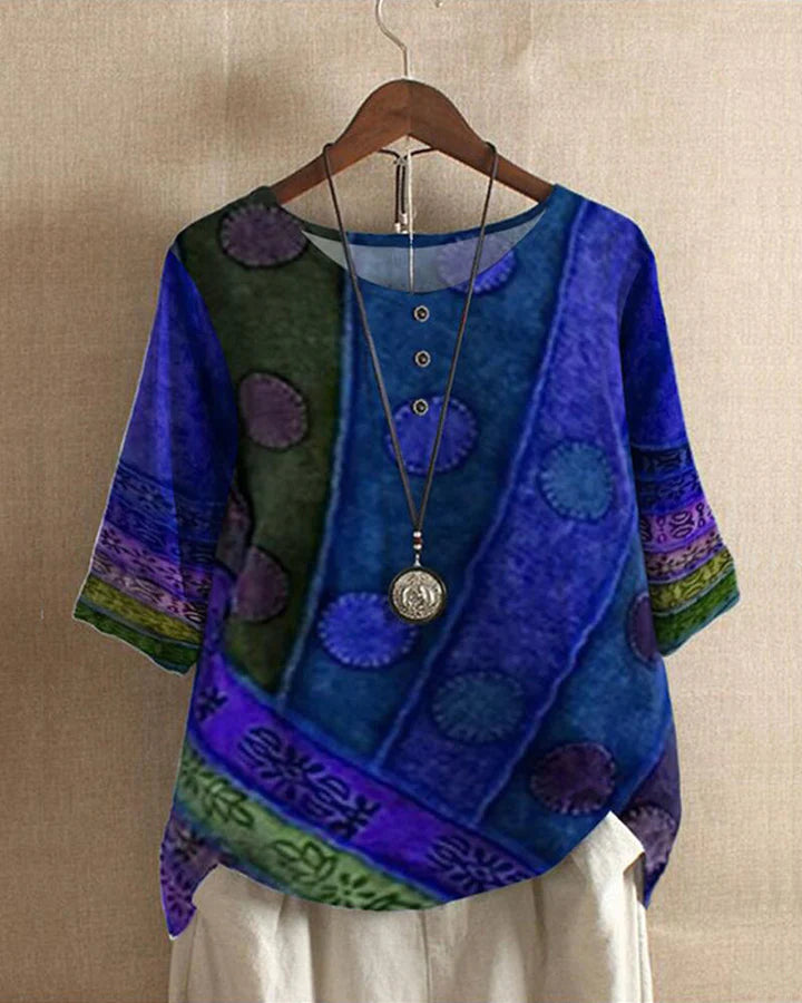 "Boho top dames met wijnoogstprint, comfortabele losvallende pasvorm, ideaal voor elegante en alledaagse gelegenheden."