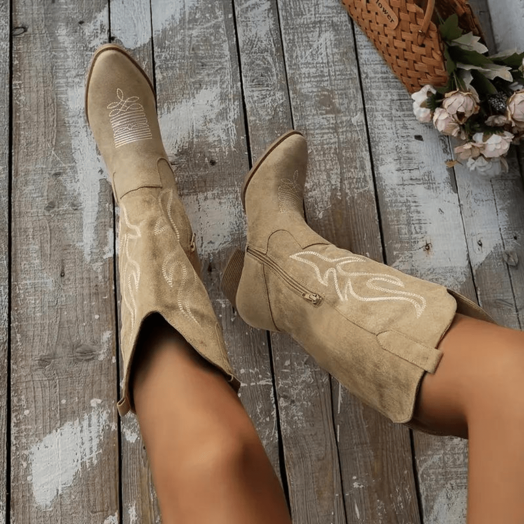 Dames Ruby cowboylaarzen in kaki kleur met western stikwerk