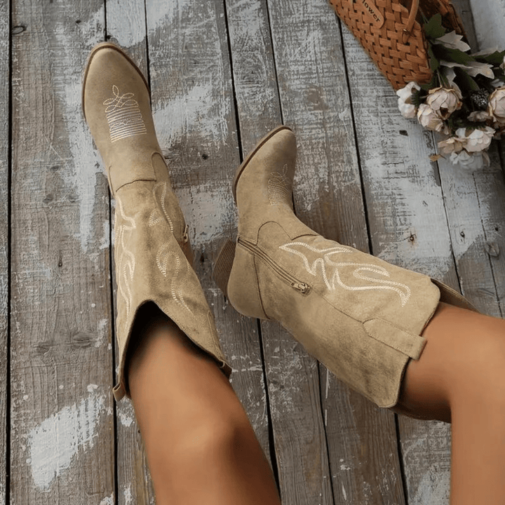 Dames Ruby cowboylaarzen in kaki kleur met western stikwerk