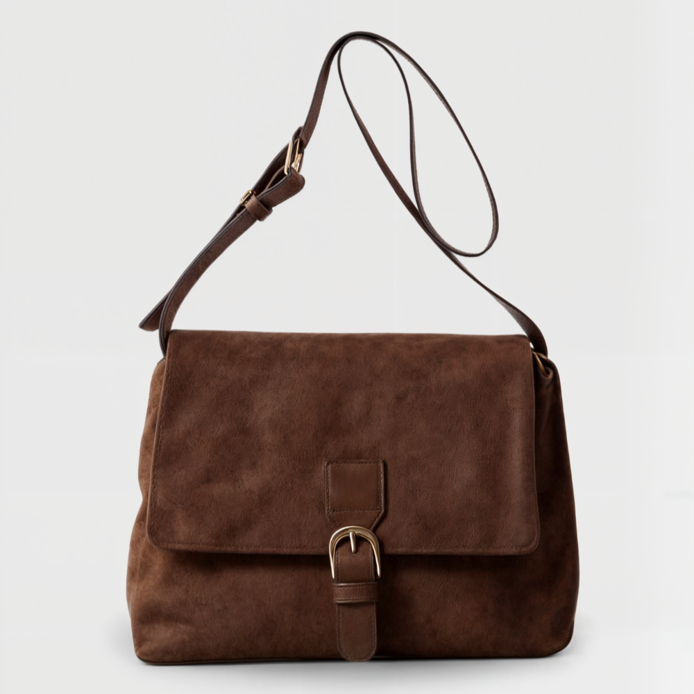 Bruine dames retro suède schoudertas met gouden gesp, ideaal als vintage crossbody modeaccessoire.