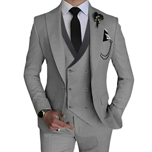 "Cambridge 3-delig slim fit pak heren: tijdloze, elegante set met blazer, vest en pantalon in luxe stretchstof."