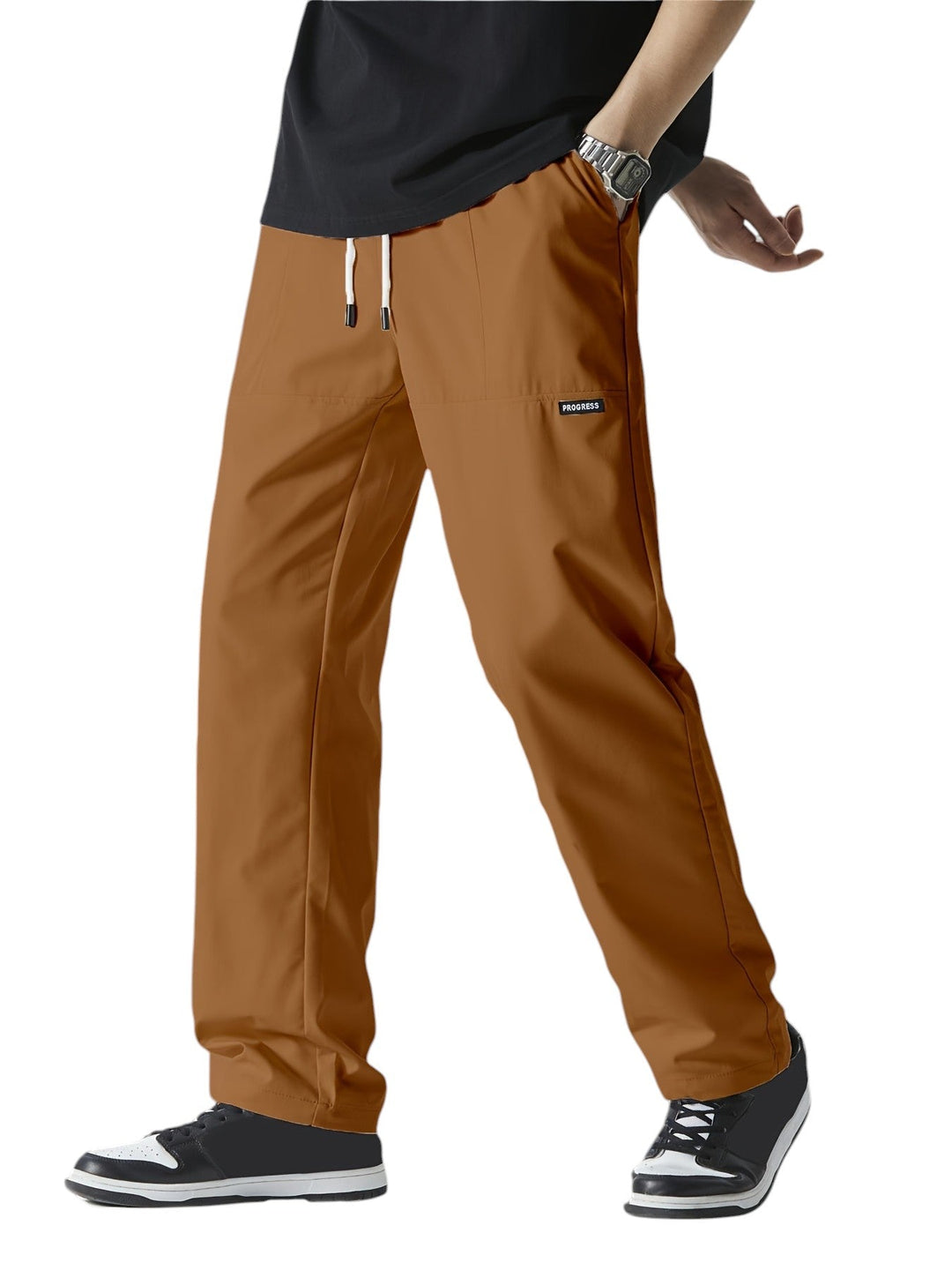 "Casual chique heren joggingbroek, donkergrijs, ademende stof, elastische tailleband met trekkoord, comfortabele pasvorm."