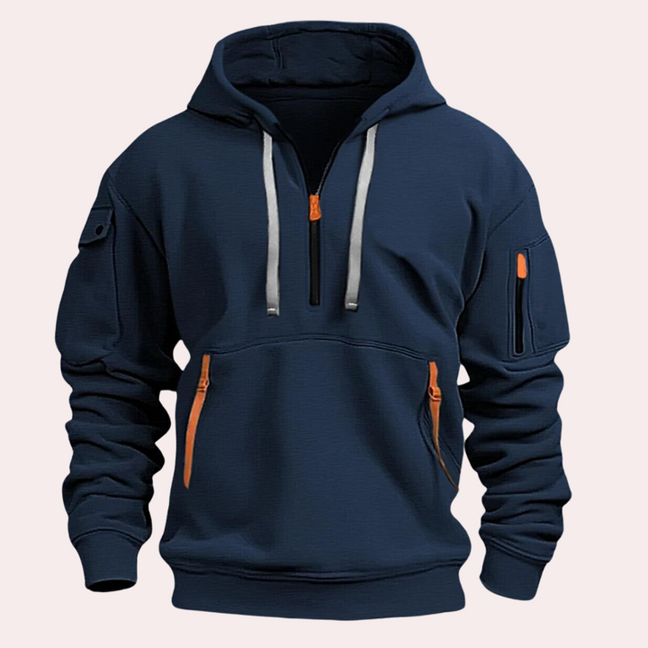 "Casual grijze heren hoodie met half zip, hoogwaardig materiaal, verstelbare capuchon, stijlvol en comfortabel ontwerp."