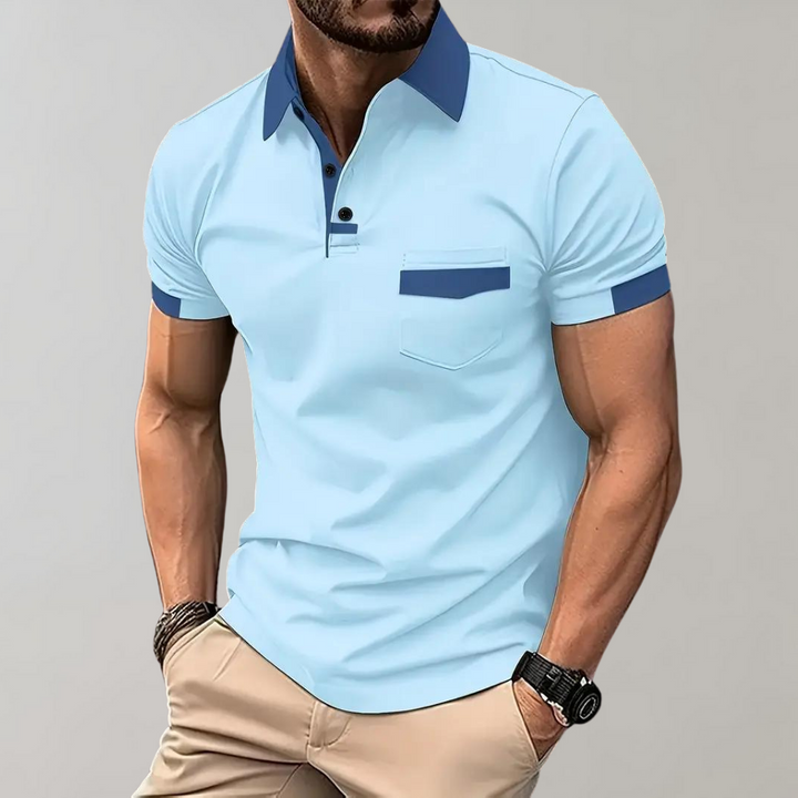 "Casual herenpolo in polyester, stijlvol ontwerp met knopen en korte mouwen, ademend en kreukbestendig."