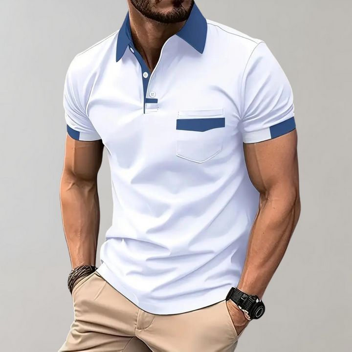 "Casual herenpolo in polyester, stijlvol ontwerp met knopen en korte mouwen, ademend en kreukbestendig."