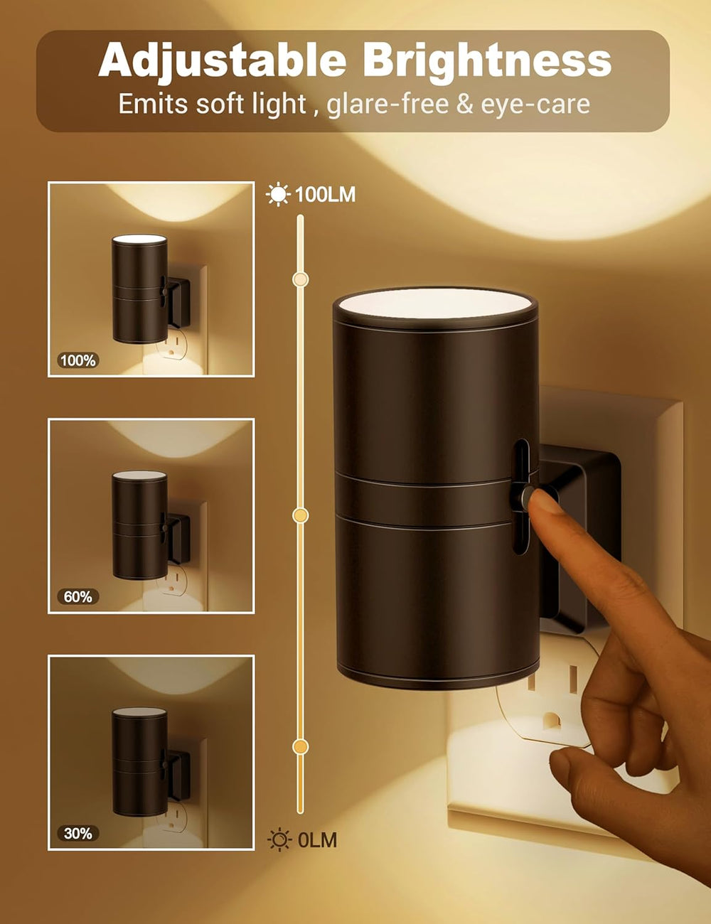 Instelbare helderheid van de LED nachtlamp, met opties voor 30%, 60% en 100% licht.