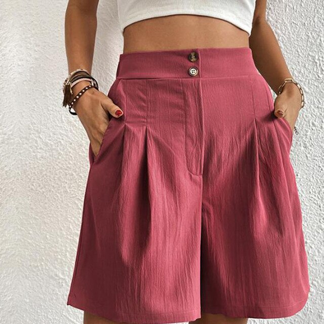 "Chique dames shorts met zilveren dubbele knopen, hoge taille, ideaal voor zomer, veelzijdig en comfortabel voor elke outfit.