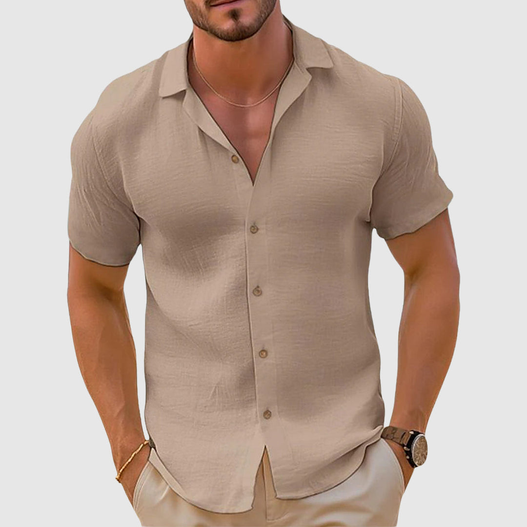 Heren camp collar overhemd in khaki kleur met korte mouwen
