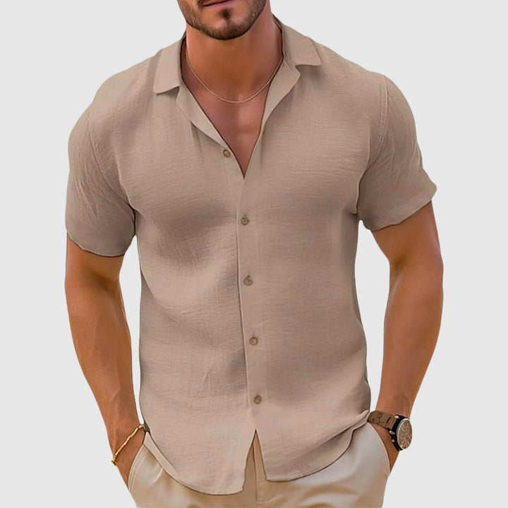 Heren camp collar overhemd in khaki kleur met korte mouwen