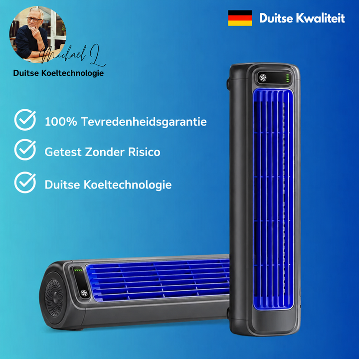 Draagbare mobiele airconditioner in zwarte uitvoering met blauwe luchtinlaat