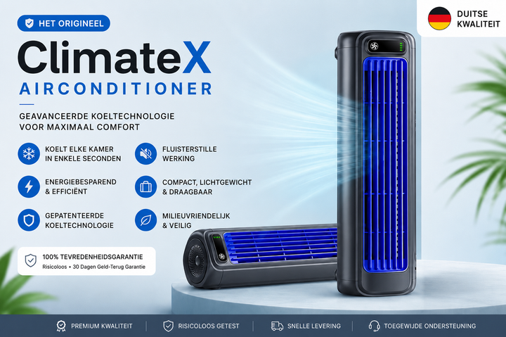 Promotiebanner van de ClimateX airconditioner met productkenmerken