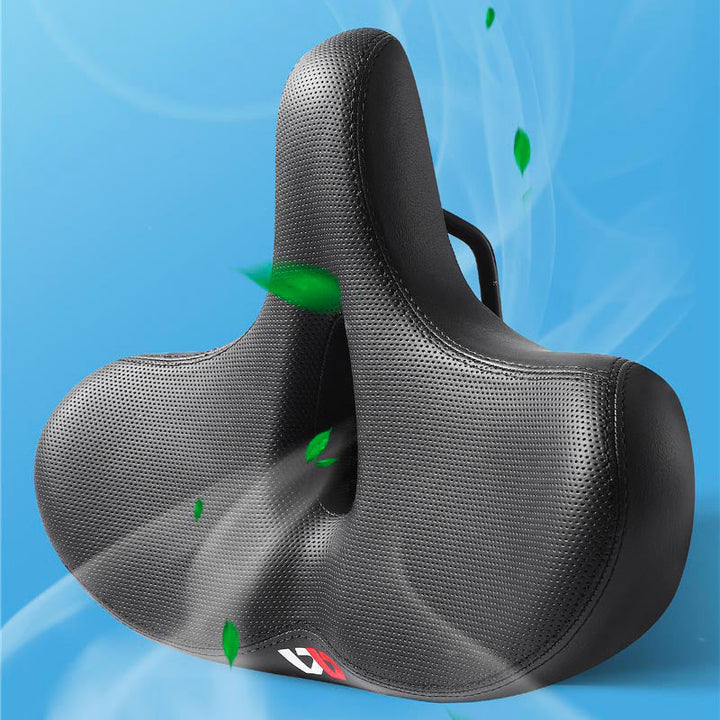 "Comfortabel fietszadel met extra brede zitting, ergonomisch design, ademende bekleding, schokabsorberend schuim."