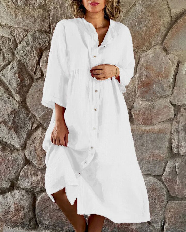 Casual comfortabele dames zomerjurk, overhemd midijurk. Veelzijdig en elegant met knopen.