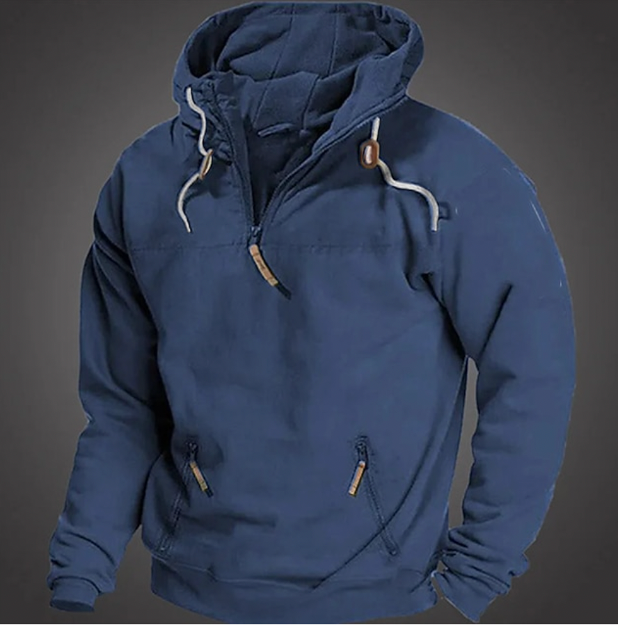 Casual heren hoodie met volledige ritssluiting en hoge kraag, een comfortabele keuze voor mannen kleding.