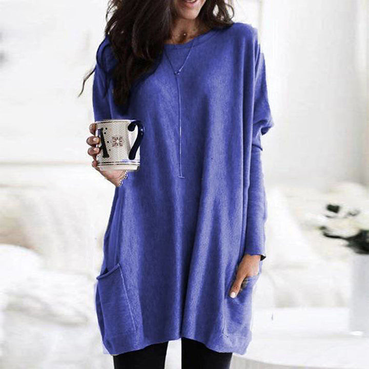 Dames lange trui met zakken, comfortabel en stijlvol; een must-have voor elke garderobe.
