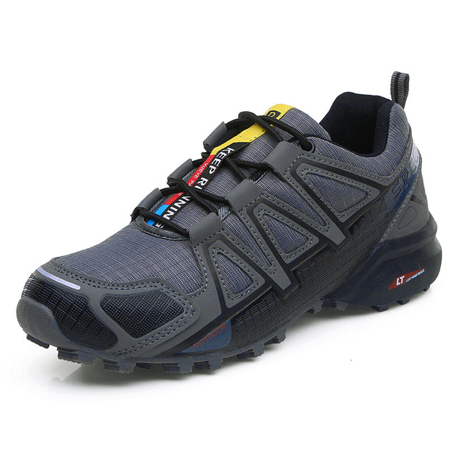 Comfortabele trekking schoen voor heren met robuust design, grijs-zwart gekleurd, geschikt voor outdoor avonturen.
