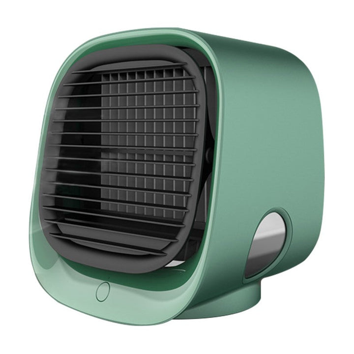 "Compacte airco 2-in-1 als luchtkoeler en bevochtiger, stijlvol design voor huis en kantoor, USB, met LED-verlichting."