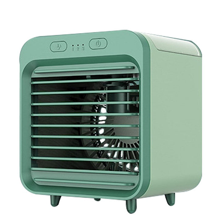 "Compacte airco 2-in-1 als luchtkoeler en bevochtiger, stijlvol design voor huis en kantoor, USB, met LED-verlichting."