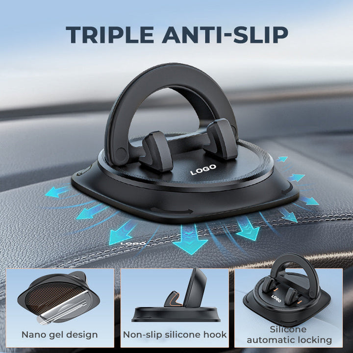 "Compacte autotelefoonhouder met 360° rotatie, stevige siliconen grip en universele compatibiliteit voor veilige ritten."
