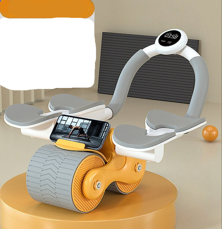 "Compacte buikspiertrainer met EVA-schuim handgrepen en automatische terugvering voor efficiënte core training thuis."