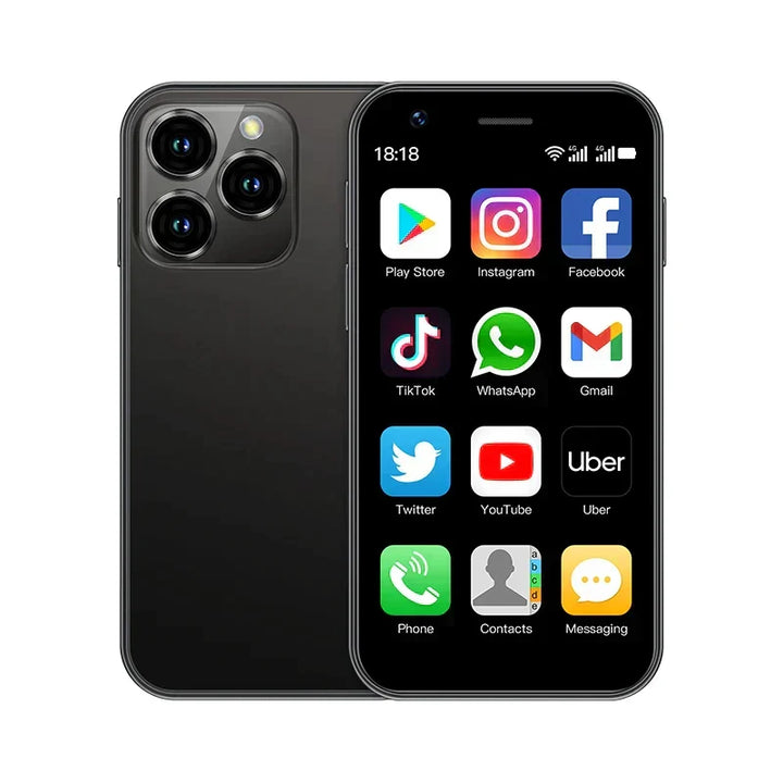 "Compacte mini smartphone 2023 met 3,0'' scherm, dual SIM, zwart. Krachtige functies in draagbaar ontwerp voor moderne mobili