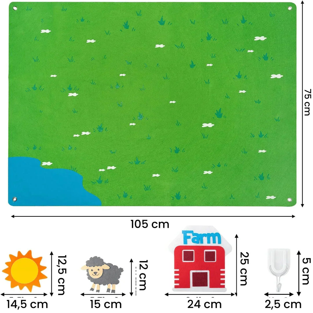 "Creatief peuter viltbord met dieren, waterwezens, boerderij en ruimte thema's. Perfect voor fantasievol spel."