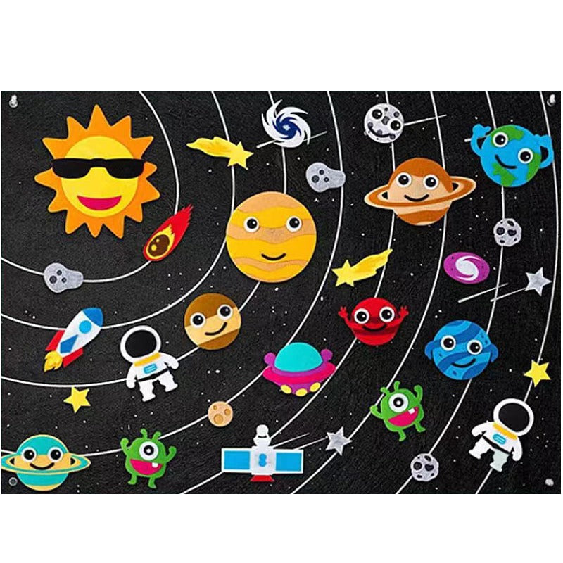 "Creatief peuter viltbord met dieren, waterwezens, boerderij en ruimte thema's. Perfect voor fantasievol spel."