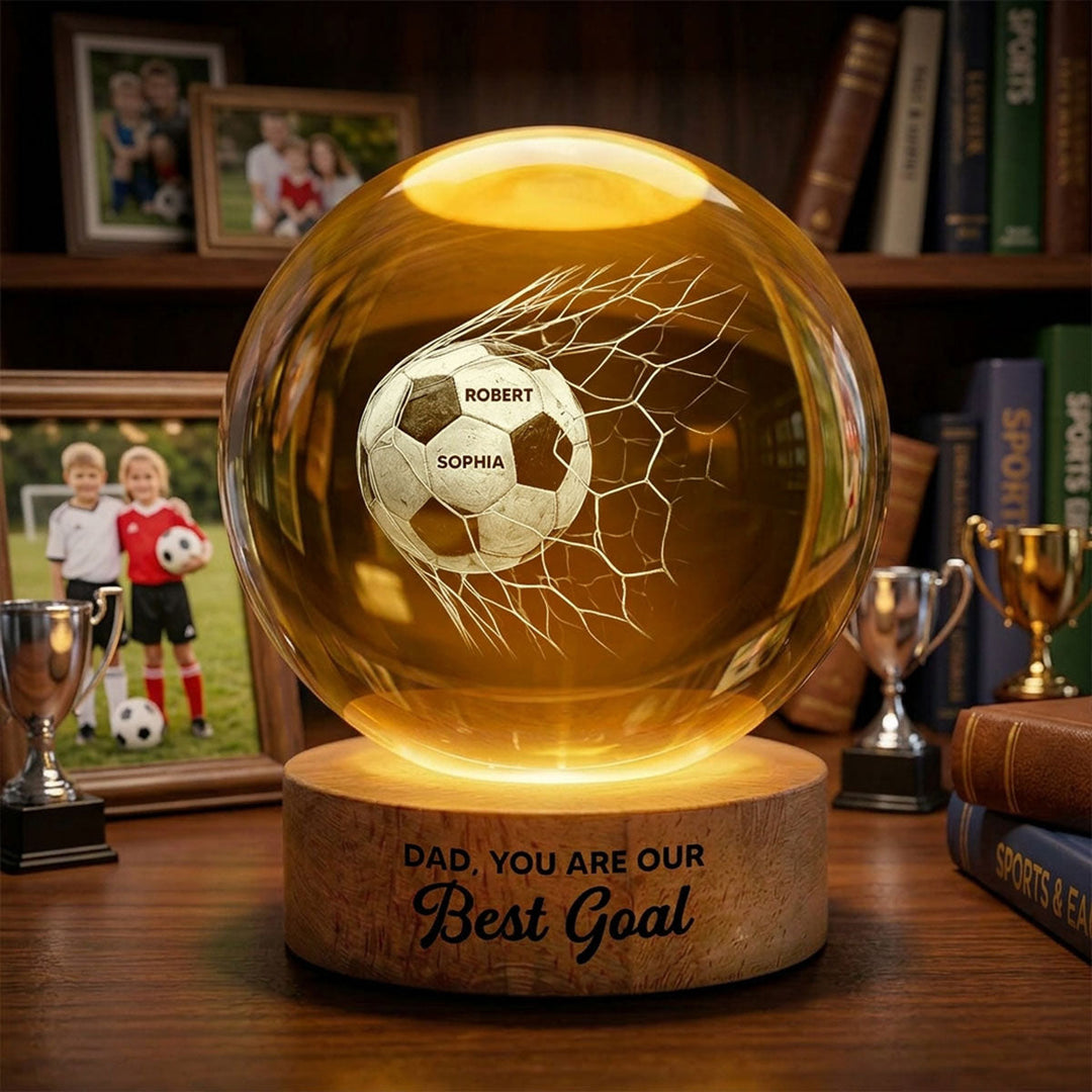 3D gegraveerde kristallen voetbal lamp, gepersonaliseerd voor papa, sfeervolle decoratieve verlichting.