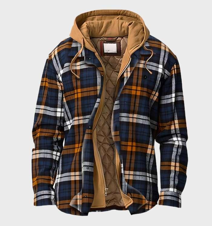 Warm geruit heren jack met capuchon en ritssluiting, perfect voor een stijlvolle herfst- of winterlook.