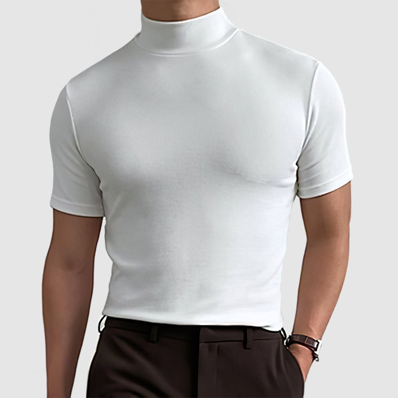 Close-up van luxe heren stretch T-shirt stof. Zachte textuur & perfecte pasvorm voor ultiem comfort, het hele jaar.