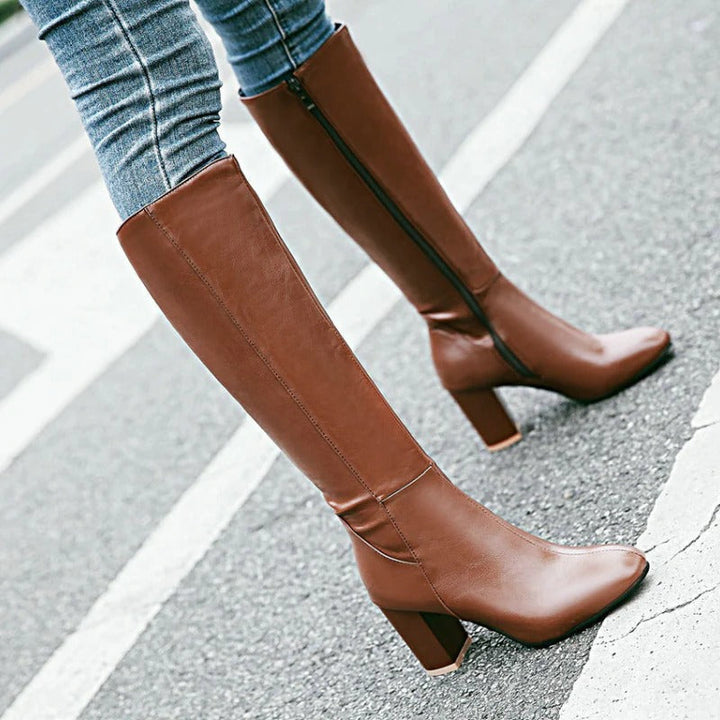 "Daisy dames kniehoge laarzen met hak, stijlvolle ritssluiting, zwarte elegante look voor dagelijks comfort en stabiliteit."
