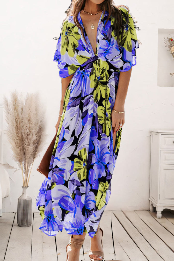 Elegante dames A-lijn maxi jurk met bloemenprint, perfect als zomer- of feestjurk.