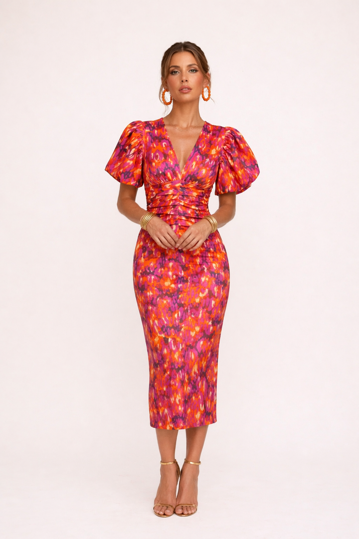 Zomerse bedrukte midi-jurk voor dames met unieke pofmouwen en verfijnde V-hals, een must-have lente item.