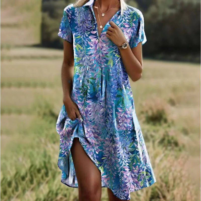 Levendige multicolor bloemen mini jurk voor dames. Casual overhemdjurk met V-hals en lange mouwen.