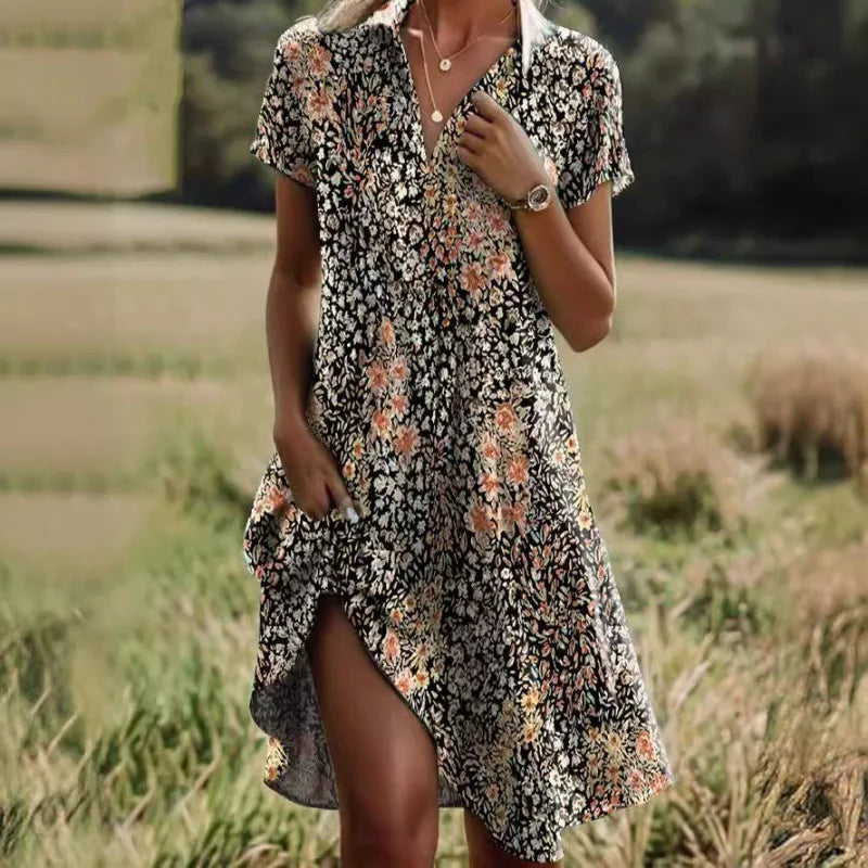 Dames mini jurk met bloemenprint. Een modieuze overhemdjurk met V-hals en lange mouwen. Geschikt voor de zomer.