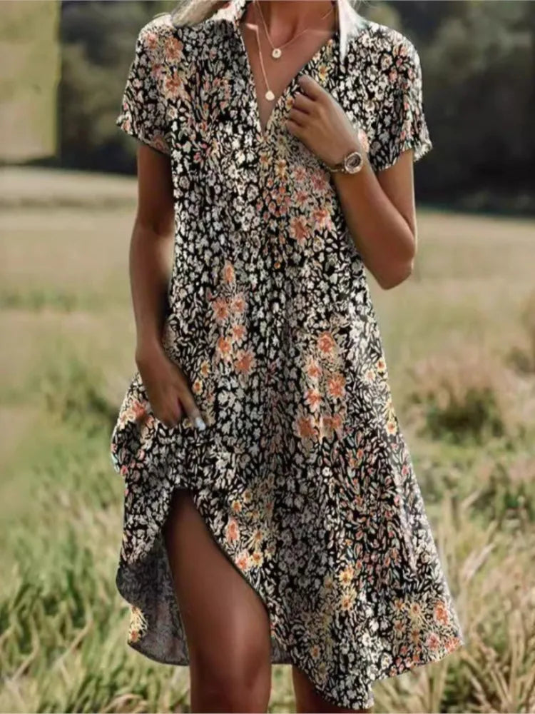 Dames bloemen overhemd mini jurk met V-hals, lange mouwen. Multicolor bloemenprint, comfortabele zomerjurk.