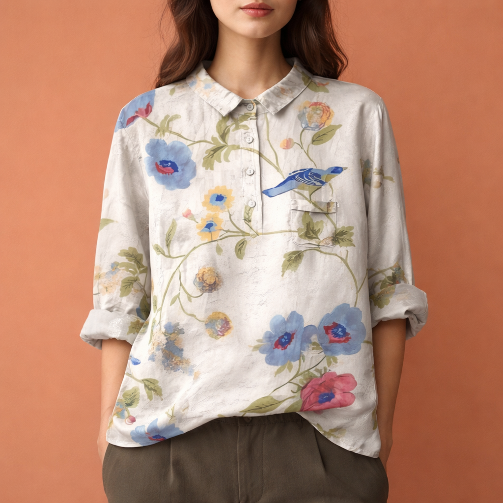 Zachte dames bloemenprint blouse met lange mouwen en kraag, perfect voor de hele dag comfort.