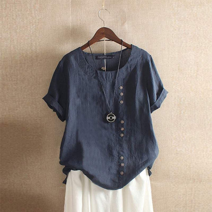 Elegante blauwe damesblouse, veelzijdig te combineren voor elke outfit, met losse, comfortabele pasvorm.