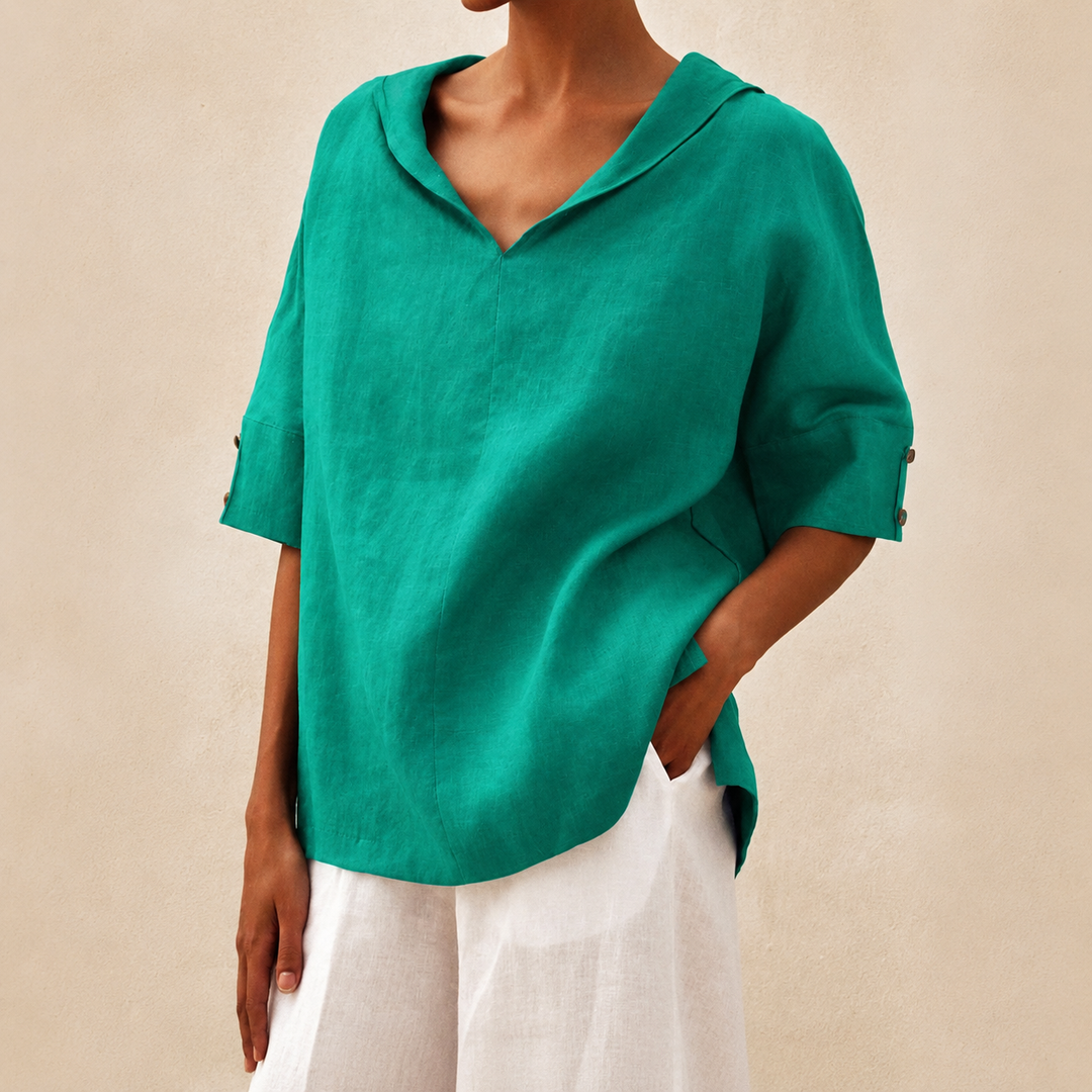 Damesblouse met korte mouwen, kraag en V-hals, ideaal voor een chique, casual of zakelijke look.