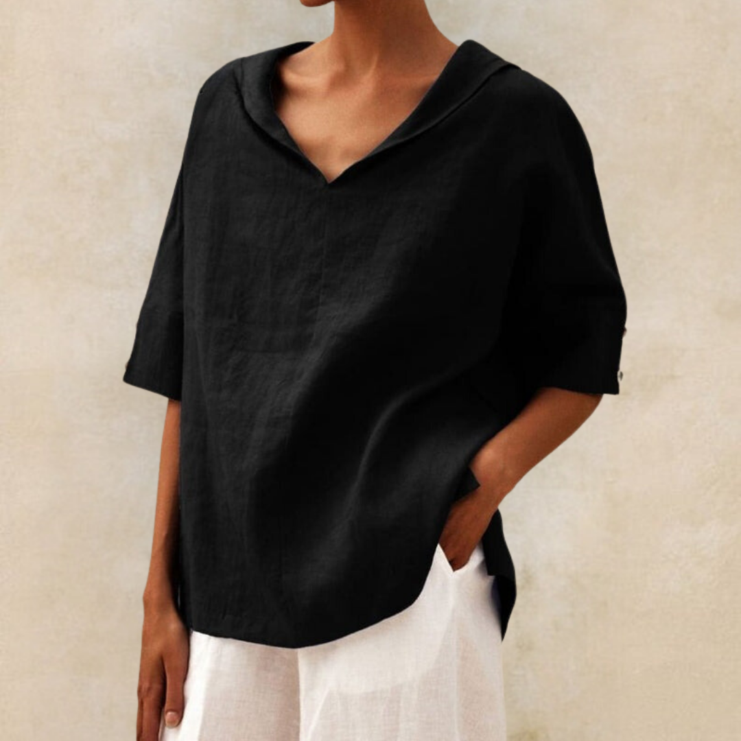 Tijdloze damesblouse met kraag en korte mouwen, V-hals, een elegante en veelzijdige damestop voor alle seizoenen.