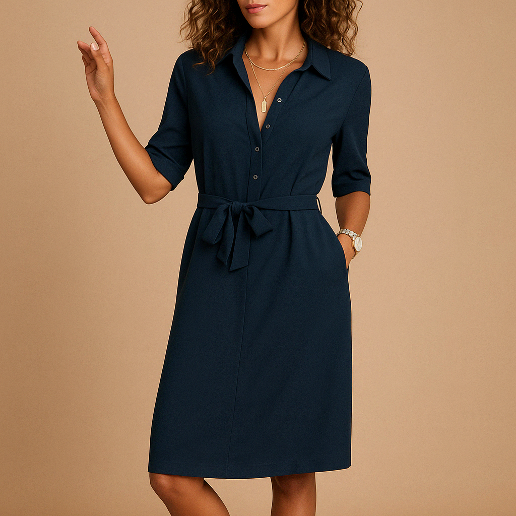 Donkerblauwe dames blousejurk met driekwart mouw en strikceintuur